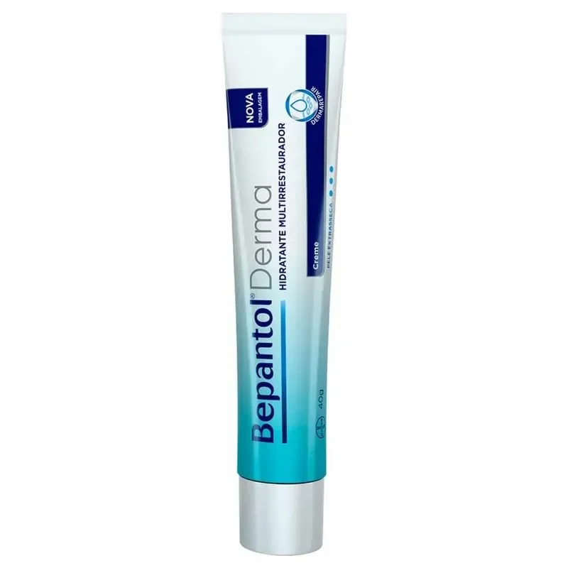 Produtos de até 50 reais: creme Bepantol Derma branco e azul em bisnaga. Texto: Bepantol Derma Creme 40g