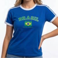 Blusa Do Brasil Feminina Camiseta Torcida Copa Baby Look Gola Colorida