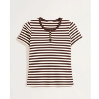 Blusa Feminina Listrada Em Malha Binada Com Botões - Marrom