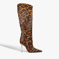 Bota Cano Longo Pin Heel Couro Animal Print