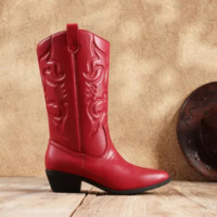 Botas Cowboy DREAM PAIRS para Mujer, estilo Pull On, media caña, color rojo
