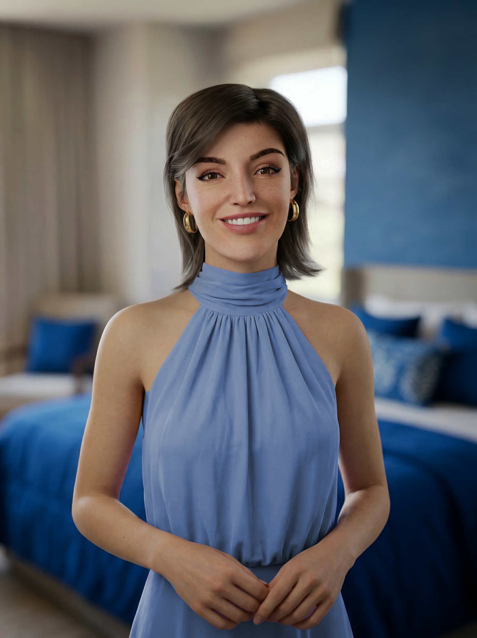 Modelo posa sorrindo com cabelo castanho claro, vestido ombro a ombro lilás e brinco dourado em fundo suave.