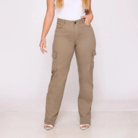 Calça Sarja Cargo Feminina Elastano Cintura Alta - Bege