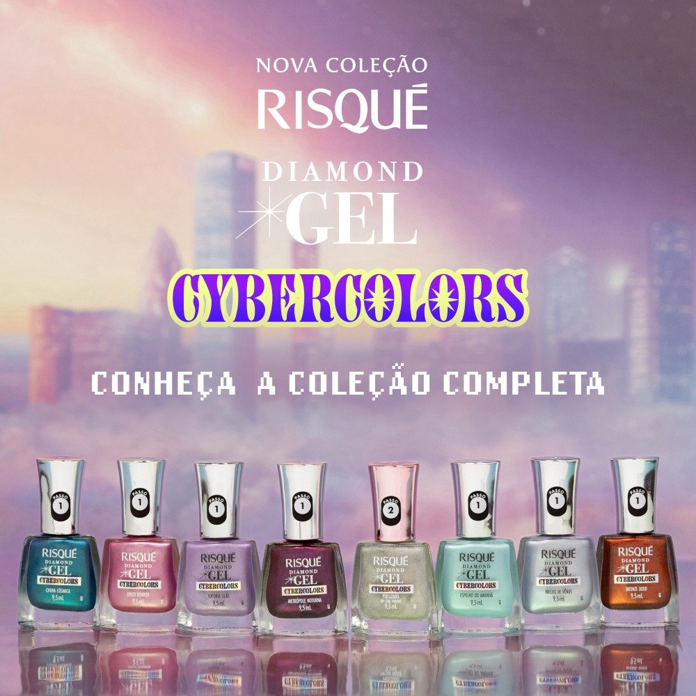 Linha de esmaltes metálicos Risqué Diamond Gel Cybercolors exibe tons vibrantes e acabamento gel com brilho intenso Texto: