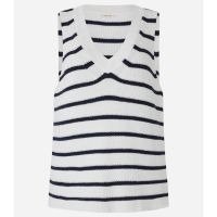 Colete Listrado em Tricô com Gola V Azul/Branco