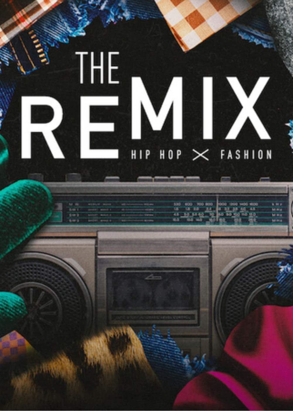 Texto: THE REMIX HIP HOP × FASHION destaca acessórios em tecidos variados como veludo verde, xadrez laranja, peles e jeans