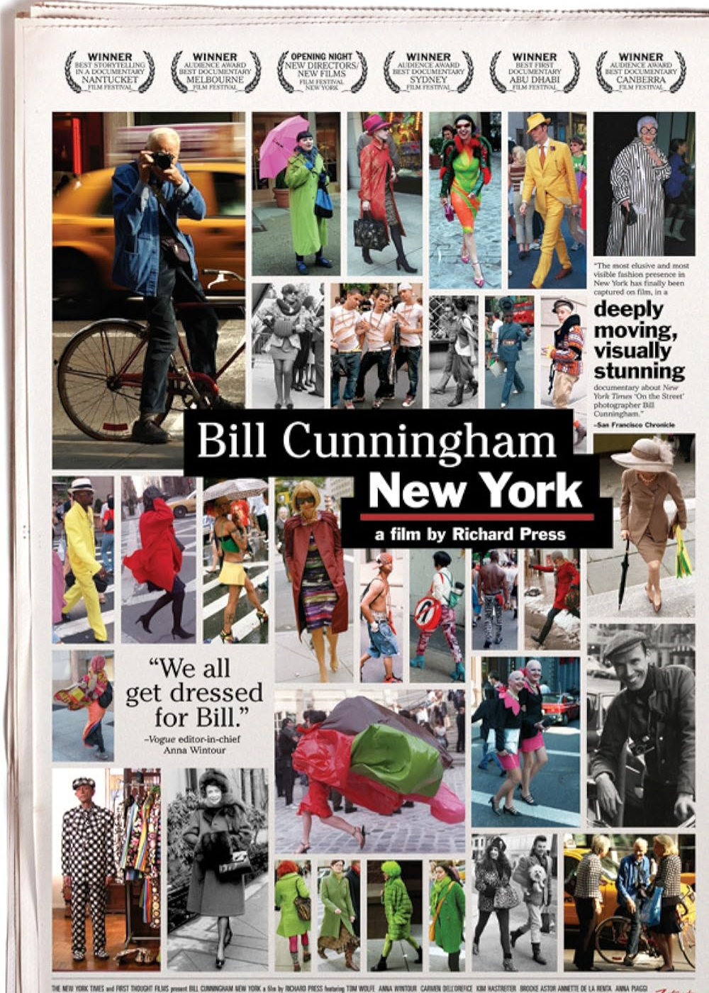 Cartaz de documentários de moda com fotos vibrantes de street style em cores vivas e poses espontâneas.