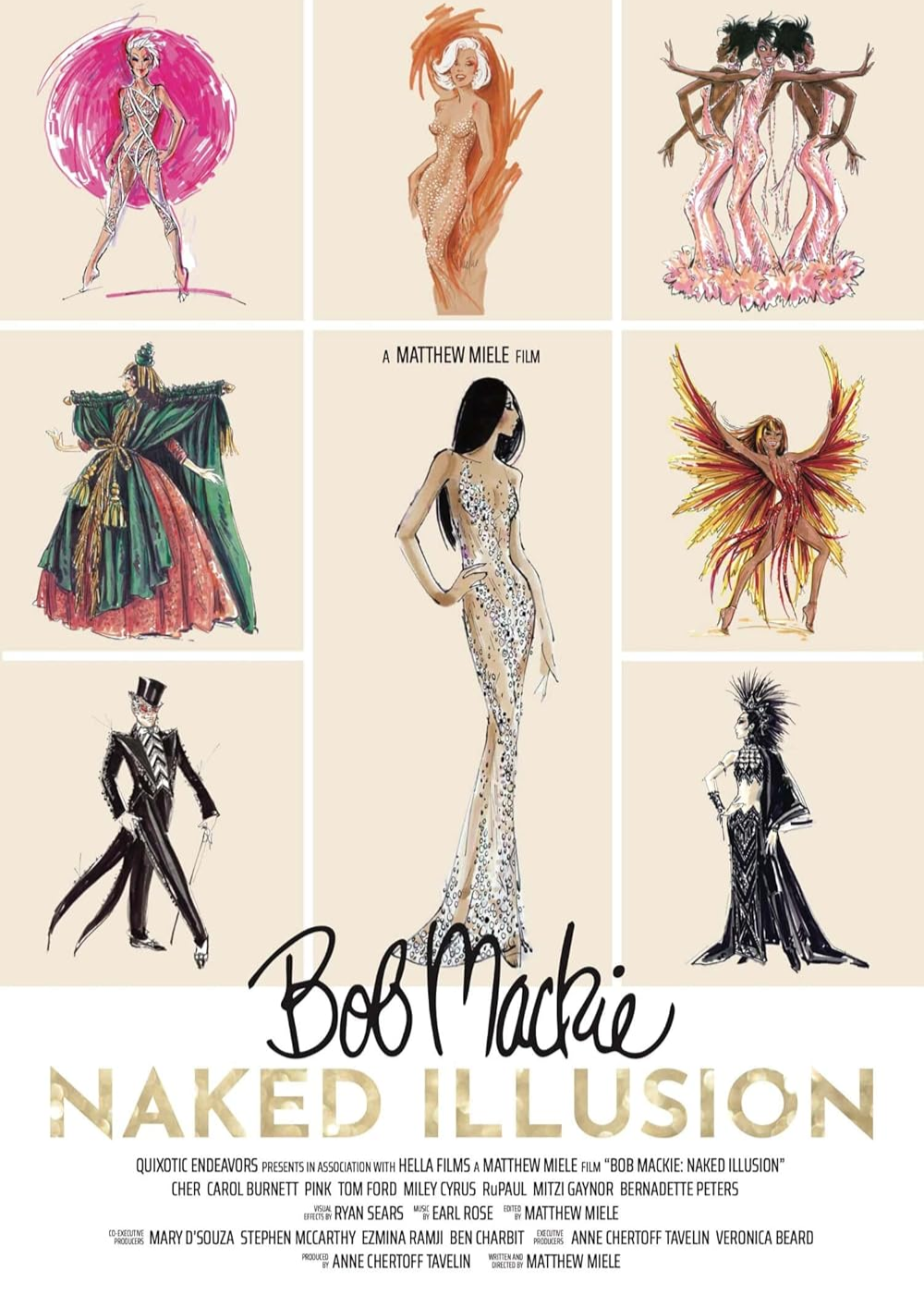 Ilustrações revelam vestidos e figurinos icônicos com brilho, texturas fluidas e poses elegante.