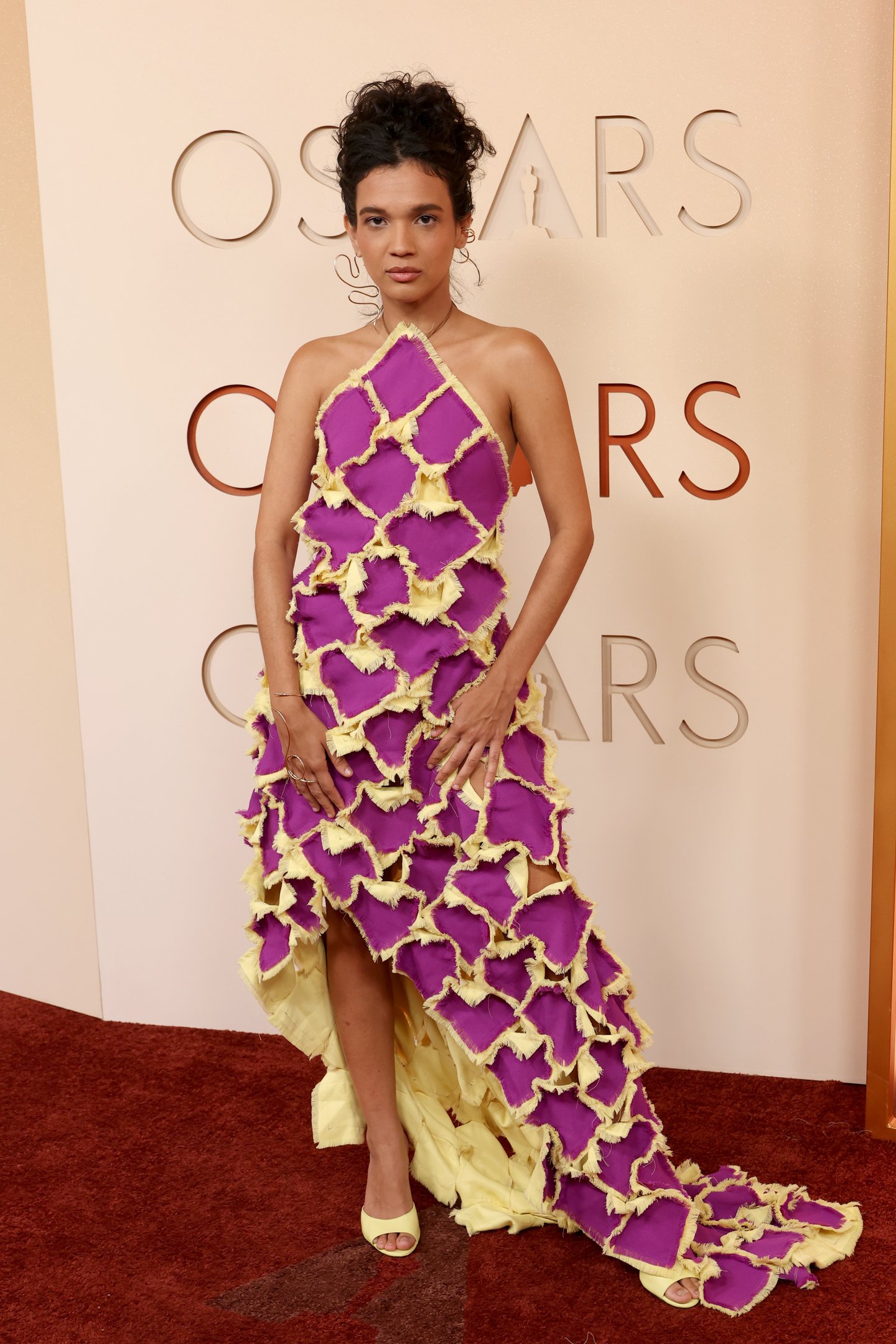 Brasileiros no Oscar: modelo posa com vestido assimétrico roxo e amarelo texturizado no tapete vermelho.