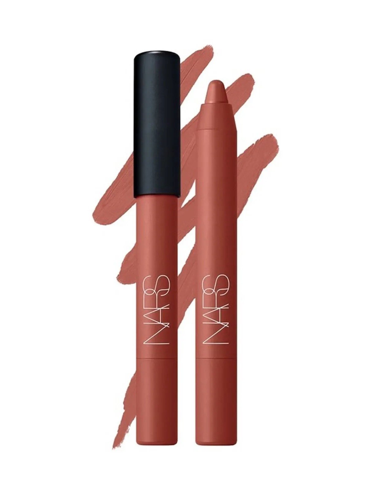 Lápis labial da Nars em tom nude rosado matte com tampa preta e fundo branco clean; Texto: NARS