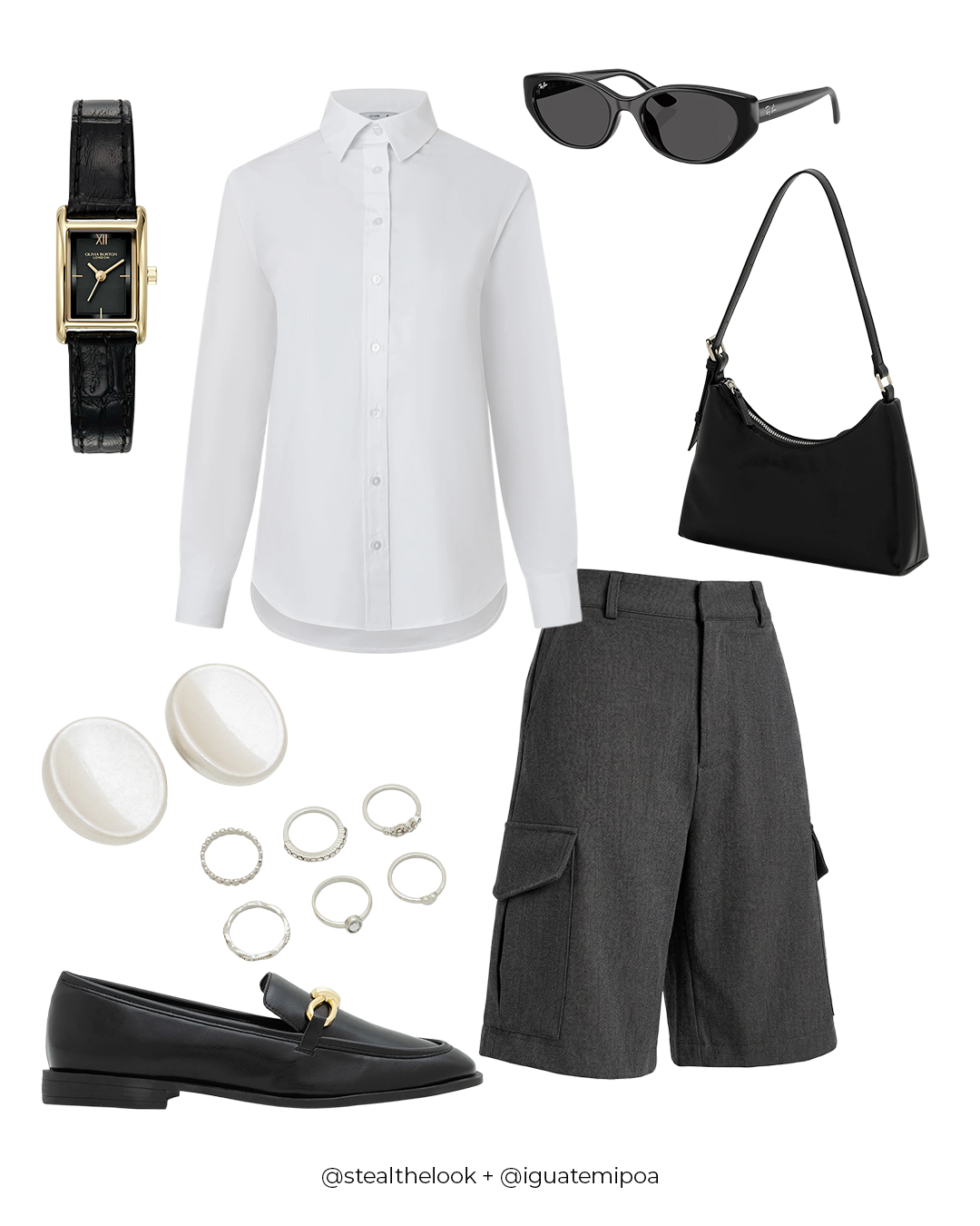 Mala perfeita para viagem a trabalho com camisa branca, bermuda cinza e acessórios pretos elegantes.