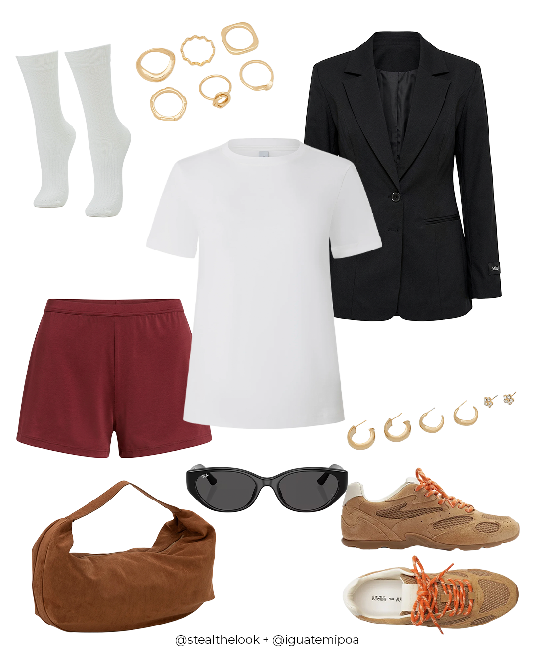 Mala perfeita para viagem a trabalho com blazer preto, camiseta branca, short vinho, tênis caramelo e bolsa marrom;