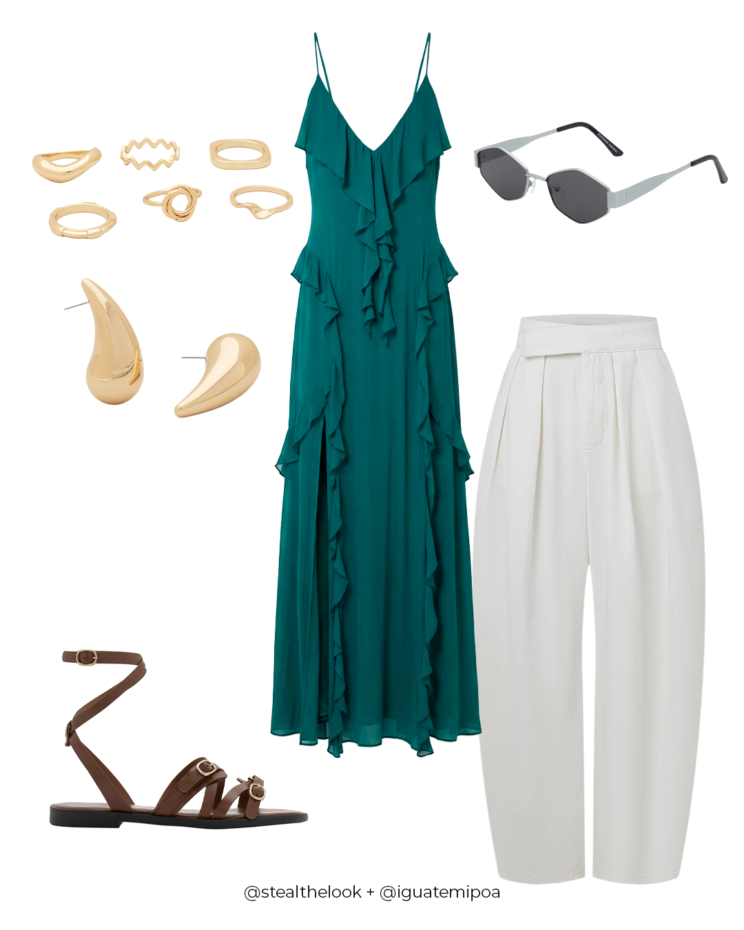 Mala perfeita para viagem a trabalho com vestido verde fluido, calça branca ampla, sandália marrom e dourado.