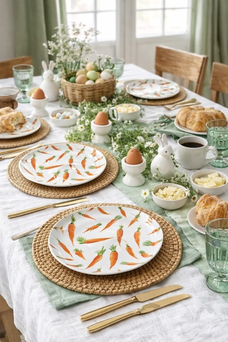 Mesa posta para Páscoa com pratos de cenouras, sousplats de palha, linho verde, ovos, flores e clima acolhedor