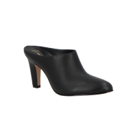 MULE DE BICO AMENDOADO EM COURO PRETO E SALTO ALTO