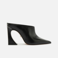 Mule Preta Couro Textura Salto Alto Flare