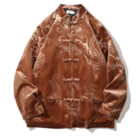 Outono inverno vintage preto marrom veludo padrão dragão tang terno casaco