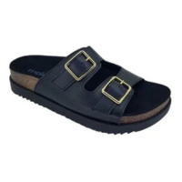 Sandália Papete Feminina Moleca Preta com Duas Fivelas Metálicas Douradas e