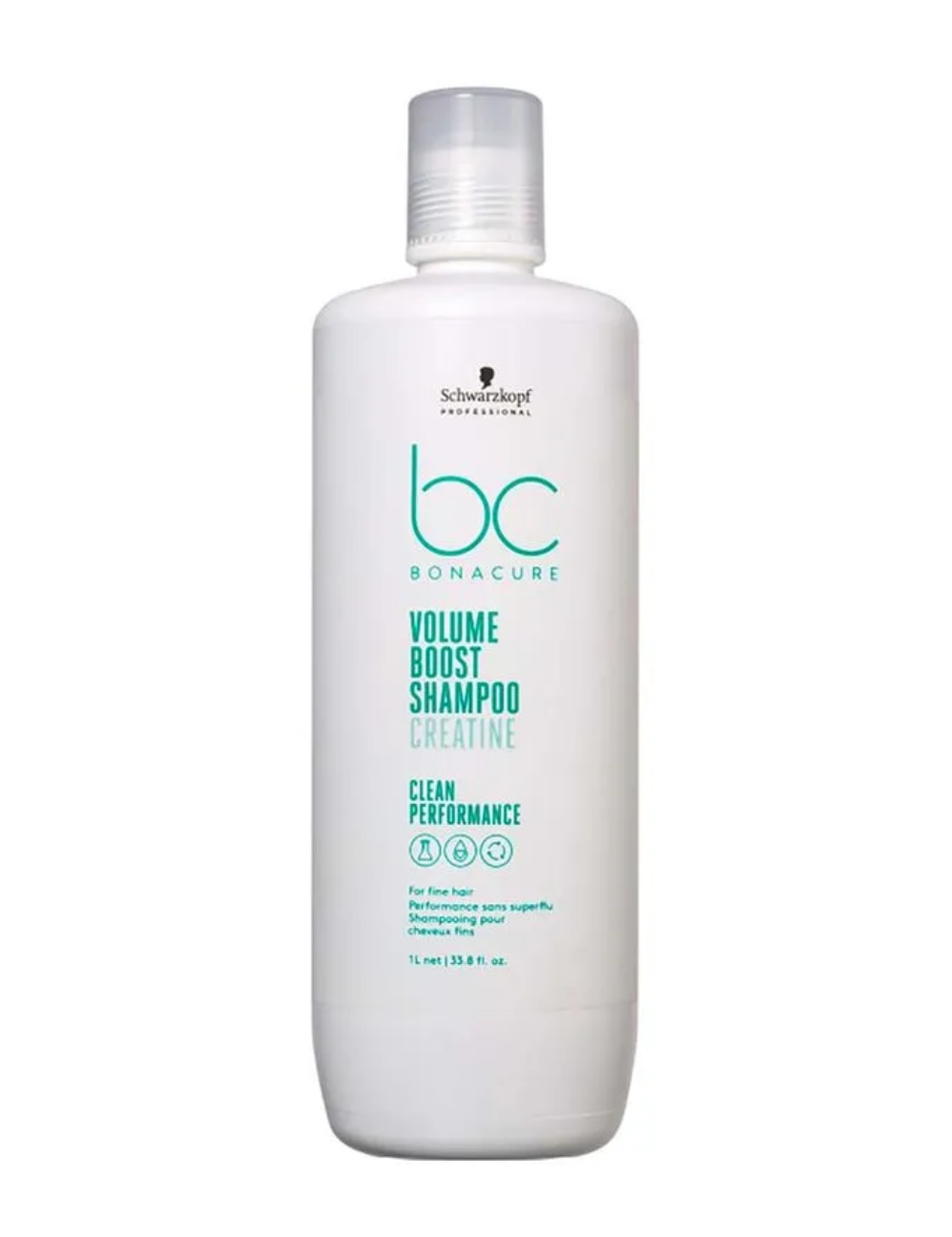 Shampoos para cabelo fino em frasco branco fosco com tampa translúcida e letras turquesa.