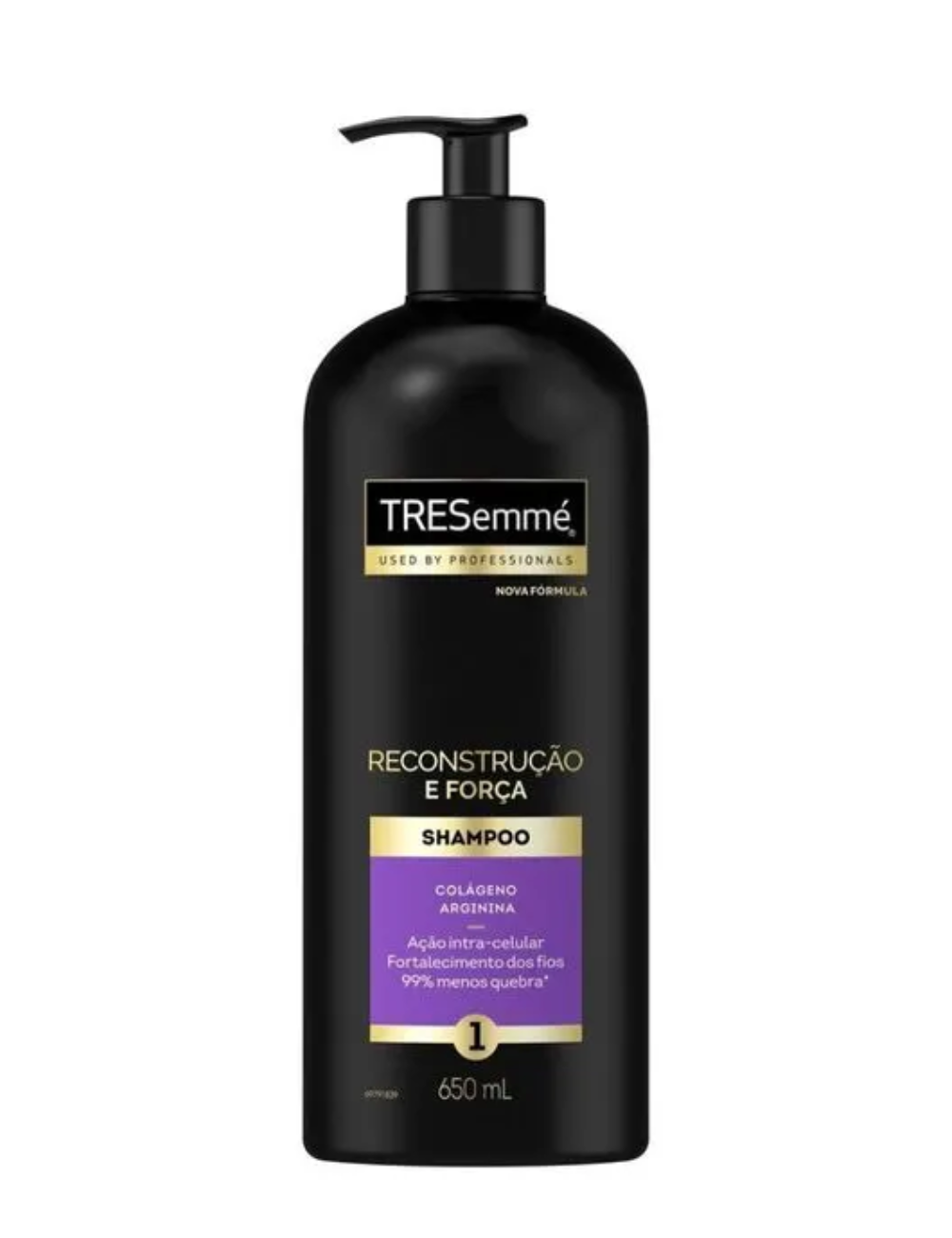 Shampoos para cabelo fino em frasco preto fosco com pump, rótulo dourado e roxo;