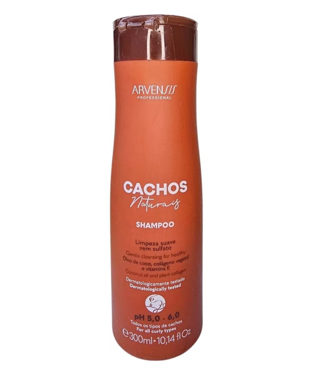 Shampoos sem sulfato em frasco laranja fosco com tampa marrom; Texto: ARVENISS PROFESSIONAL CACHOS Naturais SHAMPOO