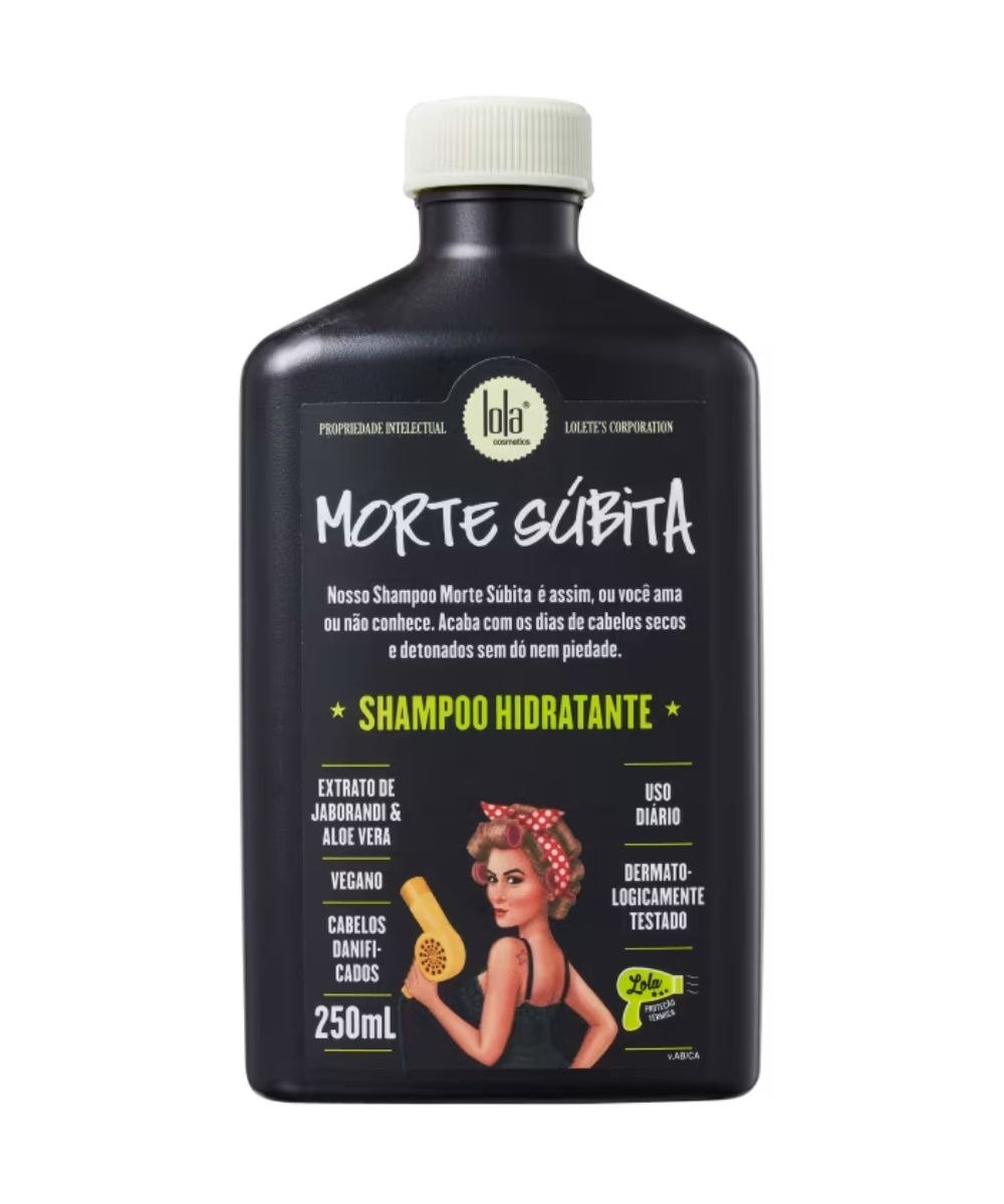 Shampoos sem sulfato em frasco preto fosco com tampa bege e rótulo retrô. Texto: MORTE SÚBITA SHAMPOO HIDRATANTE 250mL