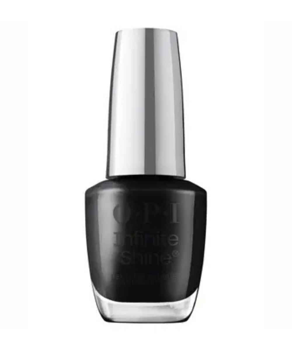 Esmalte preto OPI Infinite Shine com acabamento brilhante e embalagem elegante em vidro fosco e tampa metálica prateada.