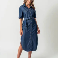 Vestido Chemise Midi Jeans Leve Fendas Laterais Cinto Azul Escuro - Bloom