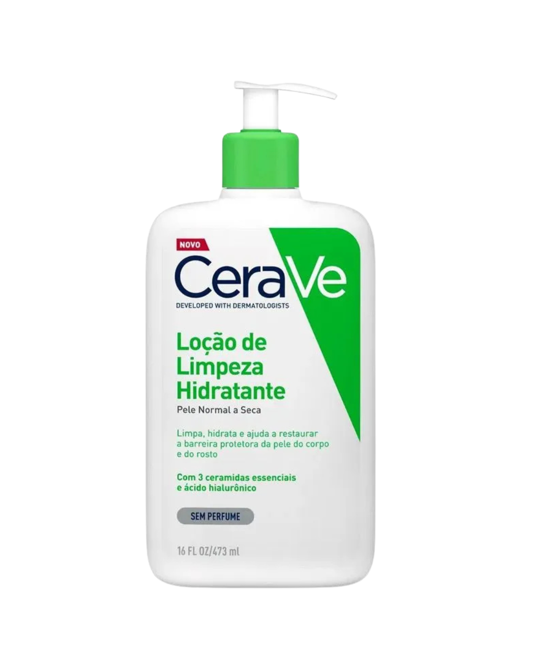 Melhor sabonete para o rosto em frasco branco com pump verde, visual clínico. Texto: CeraVe Loção de Limpeza Hidratante