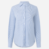 Camisa em Tricoline com Abotoamento e Estampa de Listras em Fio Tinto Azul/