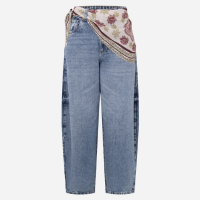 Calça Barrel em Jeans com Lenço Boho e Cintura Média Azul
