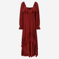 Vestido Longo Texturizado em Crinckle com Babados e Manga Bufante Vermelho