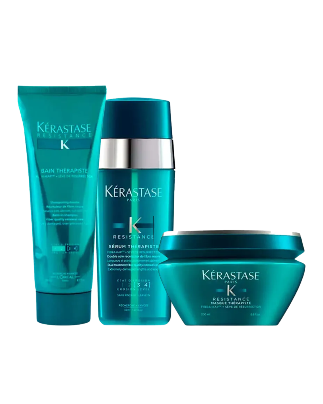 Melhores kits de shampoo Kérastase em azul metálico, com frascos e pote sobre fundo branco clean e sofisticado.