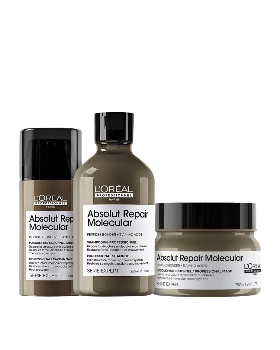 Melhores kits de shampoo L’Oréal em frascos taupe e preto sobre fundo branco clean.