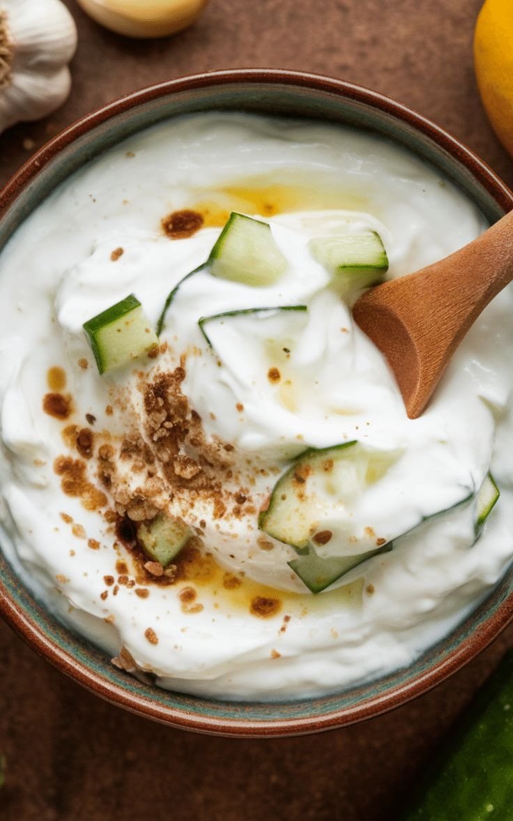Receitas com iogurte em tigela rústica com pepino, especiarias e colher de madeira criam clima fresco e caseiro