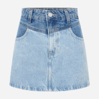 Saia Mini em Jeans com Recortes em Dois Tons Azul Claro