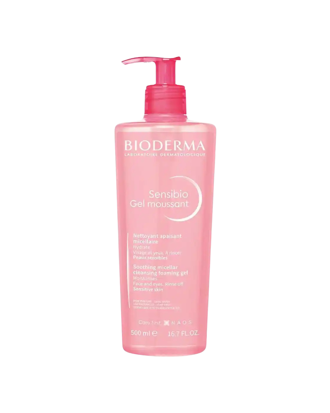 Melhor sabonete para o rosto em frasco rosa com pump, visual suave. Texto: BIODERMA Sensibio Gel moussant 500 ml e 16.7 FL.