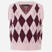 Colete Curto em Tricô com Estampa Xadrez Rosa