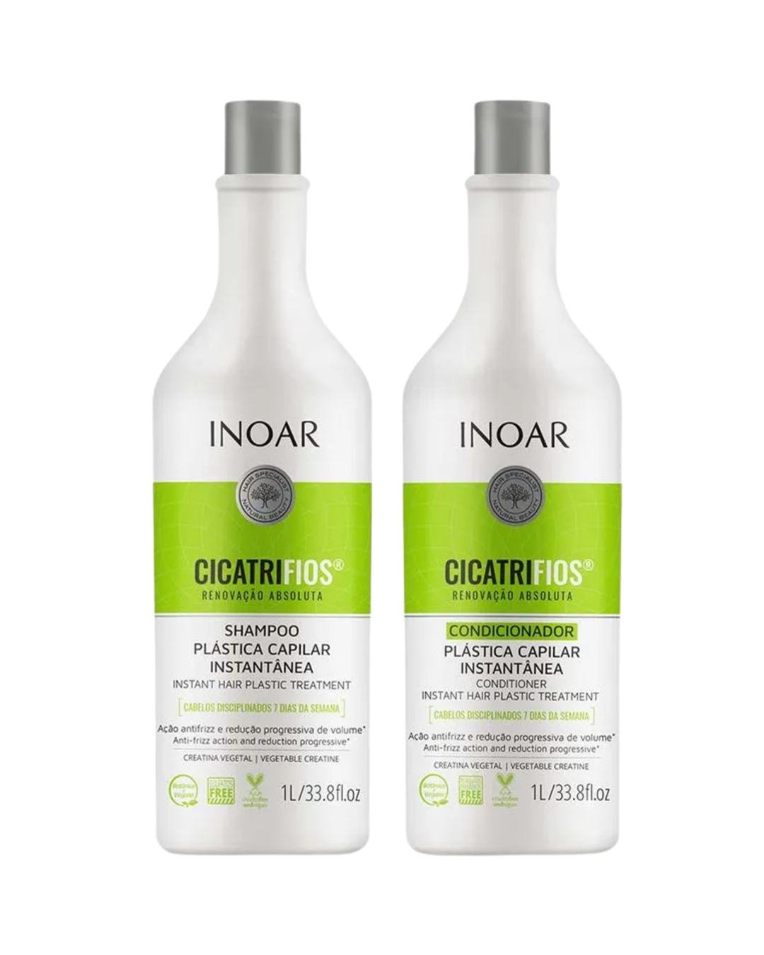 Melhores kits de shampoo com frascos brancos e faixa verde da Inoar. Texto: INOAR CICATRIFIOS SHAMPOO CONDICIONADOR