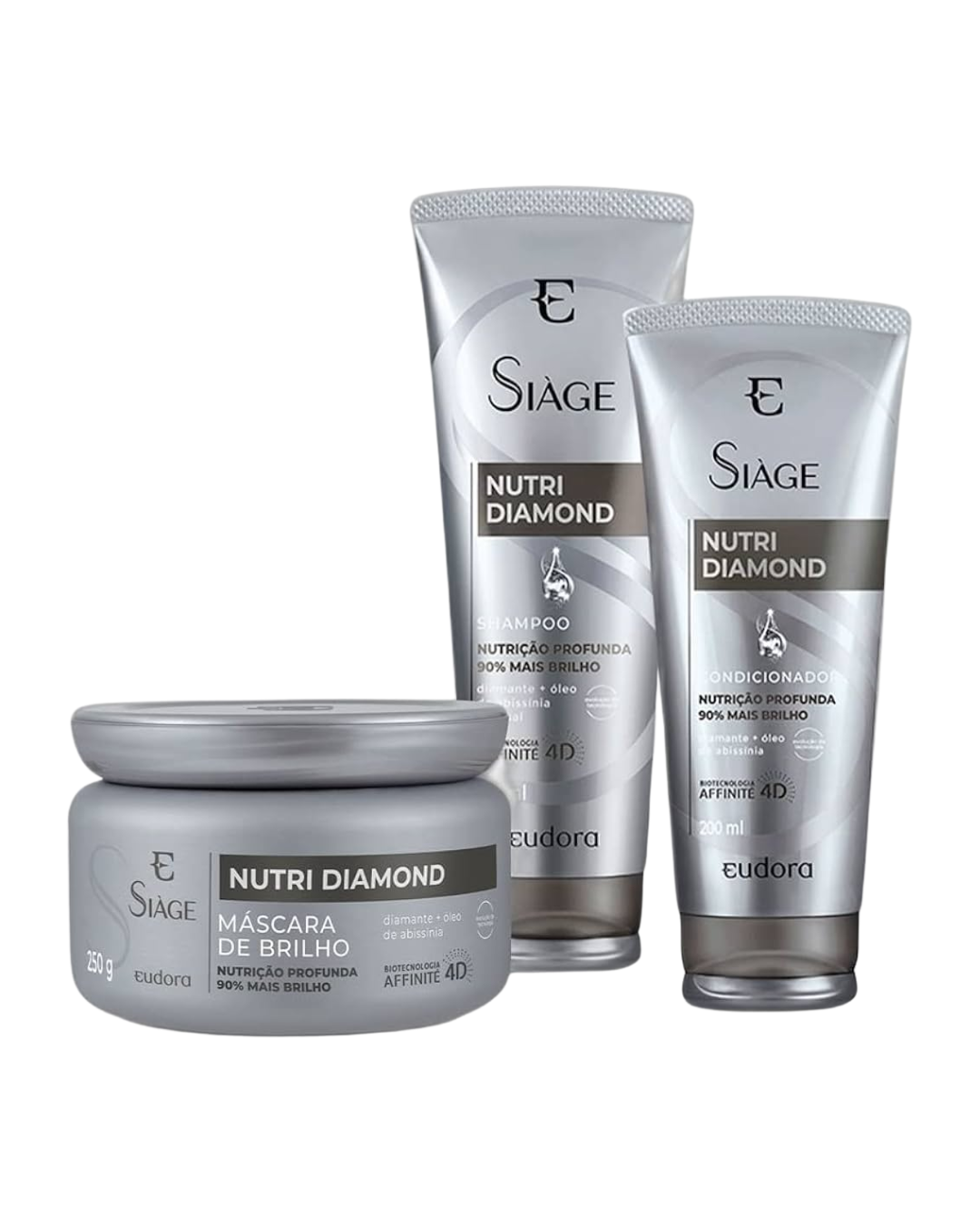 Melhores kits de shampoo em embalagem prata minimalista. Texto: Siàge NUTRI DIAMOND eudora MÁSCARA DE BRILHO