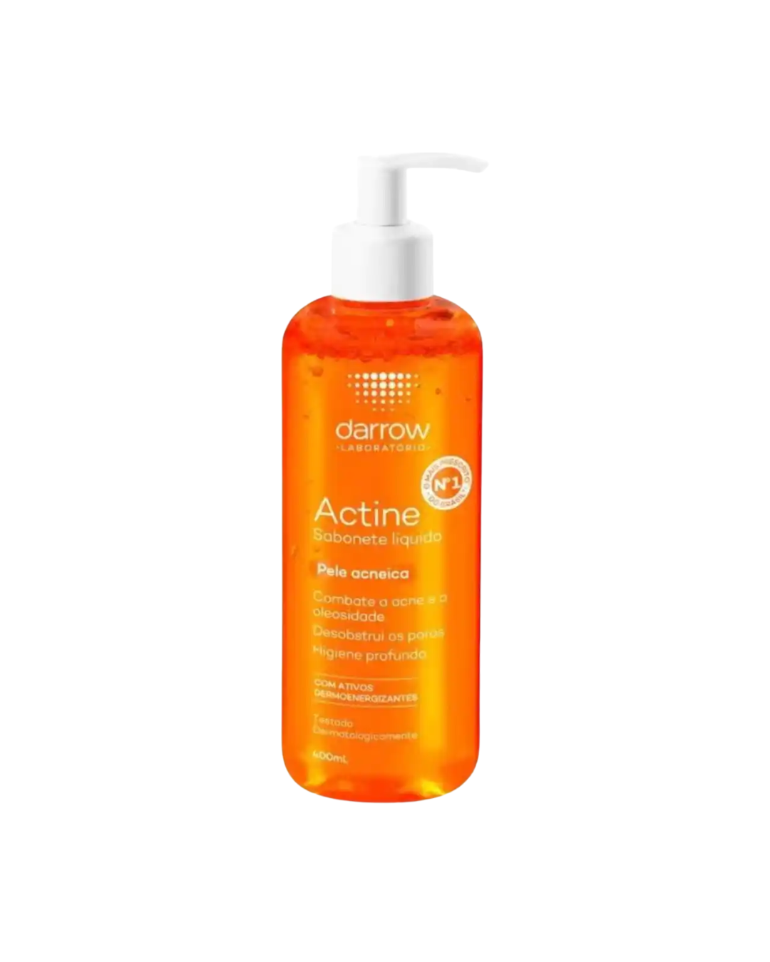 Melhor sabonete para o rosto em frasco laranja com pump branco. Texto: darrow Actine Sabonete líquido Pele acneica 400mL