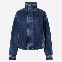 Jaqueta Bomber em Jeans com Gola Alta Estruturada Azul Marinho