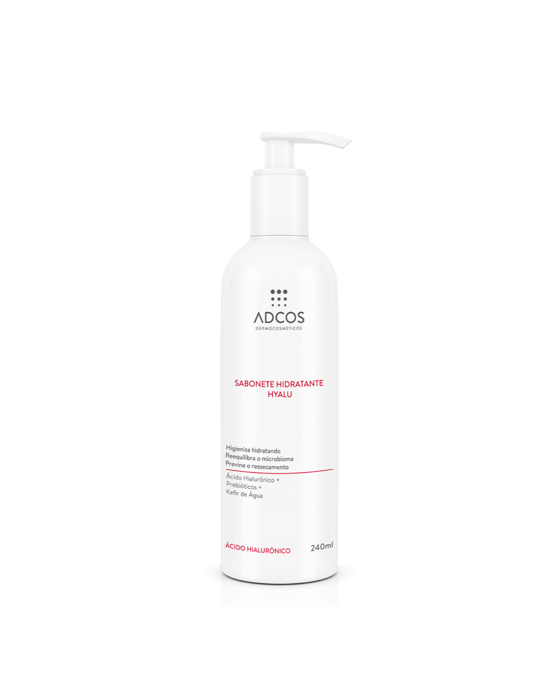 Melhor sabonete para o rosto em frasco branco com pump e visual clean. Texto: ADCOS SABONETE HIDRATANTE HYALU 240ml