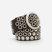 Cinto Largo em PU com Ilhoses e Fivela Redonda Marrom