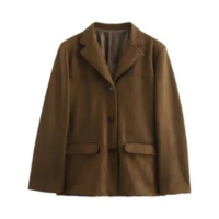 Blazer Feminino Marrom De Camurça Manga Longa Vintage Ajustado Primavera 20