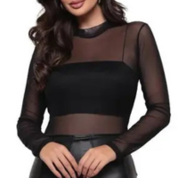 Blusinha Feminina Tule Preta transparente 2ª Pele Manga Longa - Kickoff