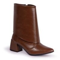Bota Feminina Capa Estilo Fold Over Salto Médio Bico Fino Moderna Confortáv