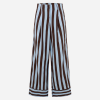Calça Cintura Alta em Tricoline com Listras Verticais Azul/Marrom