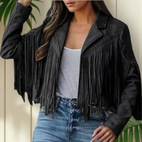 Casaco De Cowboy De Couro Com Franjas Feminino .