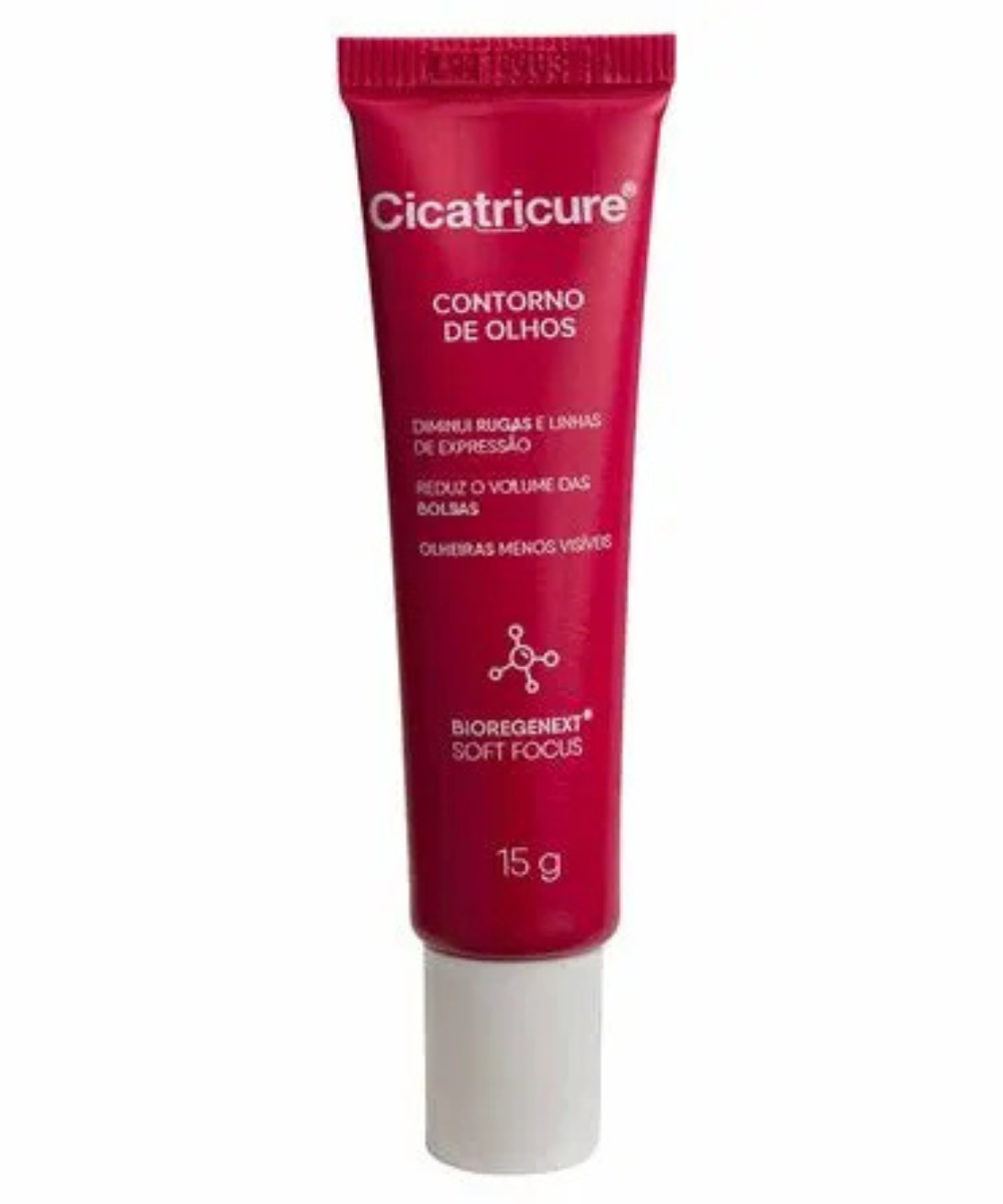 Cremes para olheiras em bisnaga rosa e tampa branca sobre fundo claro. Texto: Cicatricure CONTORNO DE OLHOS 15 g